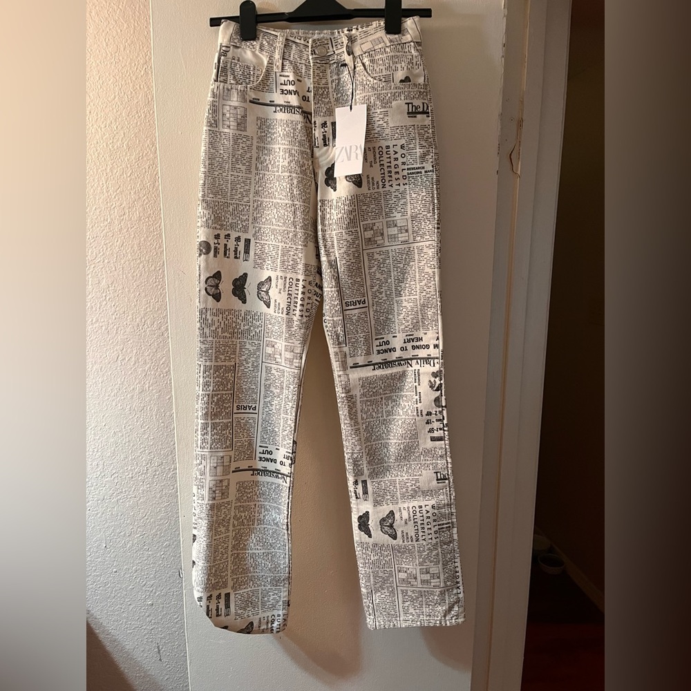 Zara newspaper print straight leg jeans!